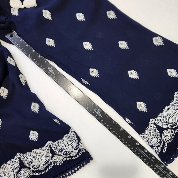 Sundance Giselle Wide Leg Crop Pant L Navy Blue Embroidered Pull On Tassel Boho - Picture 8 of 10